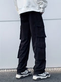 kkboxly  Men's Solid Pants With Multi Pockets, Comfy Casual Street Style Trousers For Men's Outdoor Activities