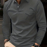 kkboxly  Solid Men's Casual Comfy Long Sleeve Lapel Shirt With Chest Pocket For Everyday Wear In Spring And Autumn