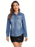 kkboxly  Blue Long Sleeves Denim Shirt, Single Breasted Button Washed Flap Pockets Lapel Denim Shirt, Women's Denim Clothing