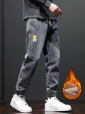 kkboxly  Men's Warm Thick Tapered Pants, Casual Trendy Cropped Pants For Fall Winter