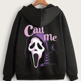 xieyinshe  Fashion Halloween Ghost Print Long Sleeve Fleece Hooded Sweatshirts, Zip Up Drawstring Sports Hoodie Jacket With Front Pocket, Women's Sporty Sweatshirts