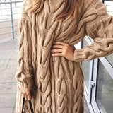 kkboxly  Solid Cable Knit Sweater Dress, Casual High Neck Long Sleeve Dress, Women's Clothing