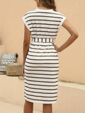 kkboxly  Striped Print Cap Sleeve Dress, Casual V Neck Button Front Split Dress, Women's Clothing