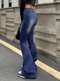 kkboxly Plain Washed Retro Flare Jeans, Slim Fit High Stretch Slant Pockets Bell Bottom Jeans, Women's Denim Jeans & Clothing