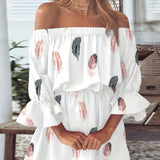 Kkboxly  Boho Leaf Graphic Print Off Shoulder Dress, Sexy Backless Ruffle Sleeve Dress For Spring & Summer, Women's Clothing