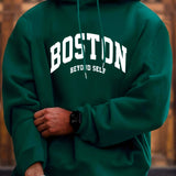 kkboxly Plus Size Men's "BOSTON" Print Hooded Sweatshirt Oversized Hoodies Fashion Casual Tops For Spring/autumn, Men's Clothing