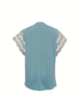 kkboxly  Contrast Lace Ruffle Trim T-shirt, Casual Crew Neck T-shirt For Spring & Summer, Women's Clothing