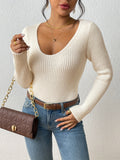 kkboxly  Solid Rib Knit Sweater, Casual Long Sleeve V Neck Slim Sweater, Women's Clothing