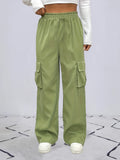 Straight Leg Cargo Pants, Y2K High Waist Solid Pants For Spring & Fall, Women's Clothing