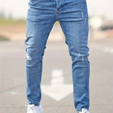 kkboxly Ripped Design Cotton Slim Fit Jeans, Men's Casual Street Style Leg Mid Stretch Denim Pants For Spring Summer