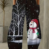 Christmas Snowman Print Elastic Waist Pants, Casual Loose Pant With Pocket, Women's Clothing