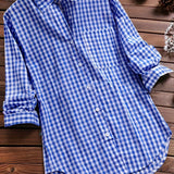 kkboxly  Plus Size Casual Blouse, Women's Plus Gingham Print Turn Down Collar Long Sleeve Shirt