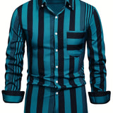 kkboxly  Stripe Pattern Men's Trendy Long Sleeve Button Up Shirt With Chest Pocket, Spring Fall Streetwear