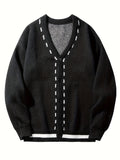 kkboxly  Men's Solid Button Up Cardigan, Casual Knitted Slightly Stretch V Neck Sweater For Spring Fall