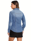 kkboxly  Blue Long Sleeves Denim Shirt, Single Breasted Button Washed Flap Pockets Lapel Denim Shirt, Women's Denim Clothing