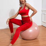 kkboxly  2 Pieces Yoga Workout Sports Set, Solid Color Seamless Ribbed Casual Suit, U-neck High Impact Sports Bra & Leggings, Women's Activewear