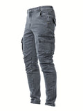 kkboxly Men's Casual Multi Pocket Jeans, Street Style Medium Stretch Denim Pants