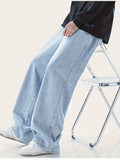 kkboxly  Wide Leg Cotton Jeans, Men's Casual Street Style Loose Fit Denim Pants For Spring Summer