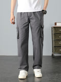 kkboxly Casual Loose Men's Solid Outdoor Cargo Style Long Pants With Multi-pocket Design, Men's Work Wear