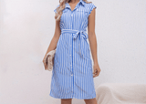 kkboxly  Striped Print Shirt Dress, Tie Waist Casual Short Sleeve Dress, Women's Clothing