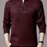 Men's Trendy Knitted Pullover, Casual Mid Stretch Breathable Zip Up Long Sleeve Sweater For Outdoor Fall Winter