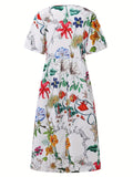 Kkboxly   Floral Print Round Neck Dress, Casual  Pocket Short Sleeve Beach High Waist Summer Dresses, Women's Clothing