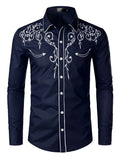 kkboxly Cow Boy Style Men's Chic Embroidered Long Sleeve Lapel Shirt, Spring Fall