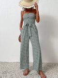 kkboxly  Boho Ditsy Floral Print Off Shoulder Jumpsuit, Casual Button Front Long Length Jumpsuit, Women's Clothing