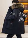 kkboxly  Men's Casual Mountain Print Hooded Warm Thick Jacket, Chic Fleece Lined Coat For Fall Winter