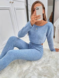 kkboxly  Solid Sweater Two-piece Set, Long Sleeve Crew Neck Crop Sweater & Drawstring Slim Pants Outfits, Women's Clothing