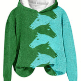 kkboxly  Color Block Horse Print Pullover Hoodie, Casual Long Sleeve Hoodie Sweatshirt, Women's Clothing