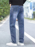 kkboxly  Loose Fit Straight Leg Jeans, Men's Casual Street Style High Stretch Jeans For Fall Winter