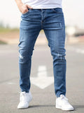 kkboxly Ripped Design Cotton Slim Fit Jeans, Men's Casual Street Style Leg Mid Stretch Denim Pants For Spring Summer