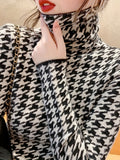 kkboxly  Houndstooth Pattern Turtle Neck Pullover Sweater, Elegant Long Sleeve Slim Versatile Sweater, Women's Clothing