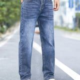 kkboxly  Loose Fit Straight Leg Jeans, Men's Casual Street Style High Stretch Jeans For Fall Winter