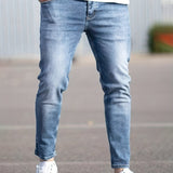 kkboxly  Light Wash Cotton Slim Fit Jeans, Men's Casual Street Style Mid Stretch Denim Pants For Spring Summer