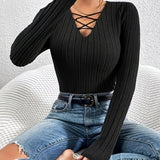 kkboxly Ribbed Cross Front V Neck T-Shirt, Casual Long Sleeve Top For Spring & Fall, Women's Clothing