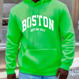 kkboxly Plus Size Men's "BOSTON" Print Hooded Sweatshirt Oversized Hoodies Fashion Casual Tops For Spring/autumn, Men's Clothing