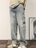 Men's Stylish Vintage Style Loose Denim Pants With Pockets, Casual Breathable Cotton Blend Straight Leg Jeans For Spring Fall