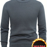 Men's Stylish Solid Fleece Knitted Pullover, Casual Breathable Long Sleeve Crew Neck Warm Sweater For Winter Outdoor