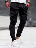 kkboxly  Solid Multi Flap Pockets Men's Drawstring Cargo Pants, Slim Fit Elastic Casual Outdoor Pants, Men's Work Pants