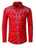 kkboxly Cow Boy Style Men's Chic Embroidered Long Sleeve Lapel Shirt, Spring Fall