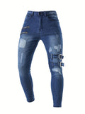 kkboxly  Men's Chic Skinny Biker Jeans, Casual Street Style Medium Stretch Denim Pants