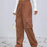 Straight Leg Cargo Pants, Y2K High Waist Solid Pants For Spring & Fall, Women's Clothing