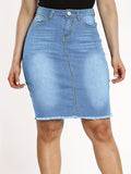 kkboxly  Blue Raw Hem Denim Skirt, Slim Fit Slash Pockets Mid-Stretch Denim Skirt, Women's Denim Clothing