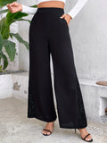 kkboxly  Solid Color Wide Leg Pants, Elegant Contrast Lace Loose Pants For Every Day, Women's Clothing