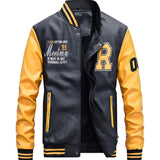 kkboxly  Men's Casual Pockets "R" Print Zipper Long Sleeves Baseball Collar PULeather Jacket