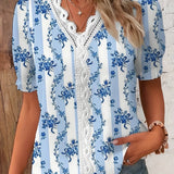 kkboxly   Floral Print Contrast Lace Blouse, Casual V Neck Short Sleeve Summer Blouse, Women's Clothing