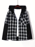 Fashionable And Versatile Men's College Style Casual Plaid Hoodies Button Drawstring Shirt Jacket, Suitable For Outdoor