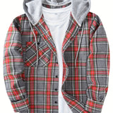 kkboxly  Drawstring Hooded Flannel Shirt, Men's Casual Various Colors Plaid Button Up Shirt For Spring Summer